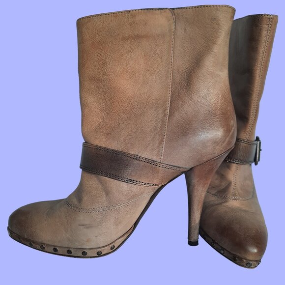 Miss Sixty Ankle Boots Heels 38 Size 7.5 Brown Distressed Leather Studded Buckle - Picture 4 of 9